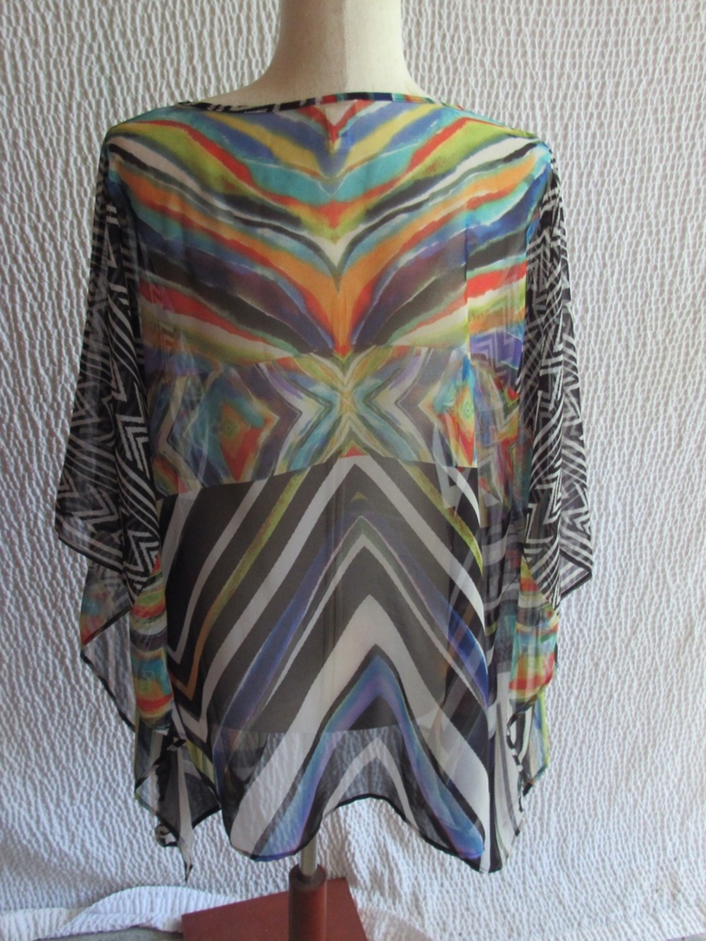 Colorful Lagenlook Pullover Top Shirt Semi Sheer Chicos Psychedelic Print L XL